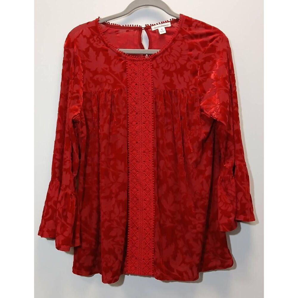 John Paul Richard womens red velvet Top whimsy goth bellsleeve